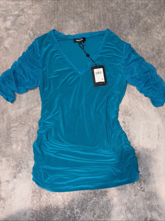 Dkny Tops - DKNY Teal V-Neck Ruched Sleeve Tunic Top